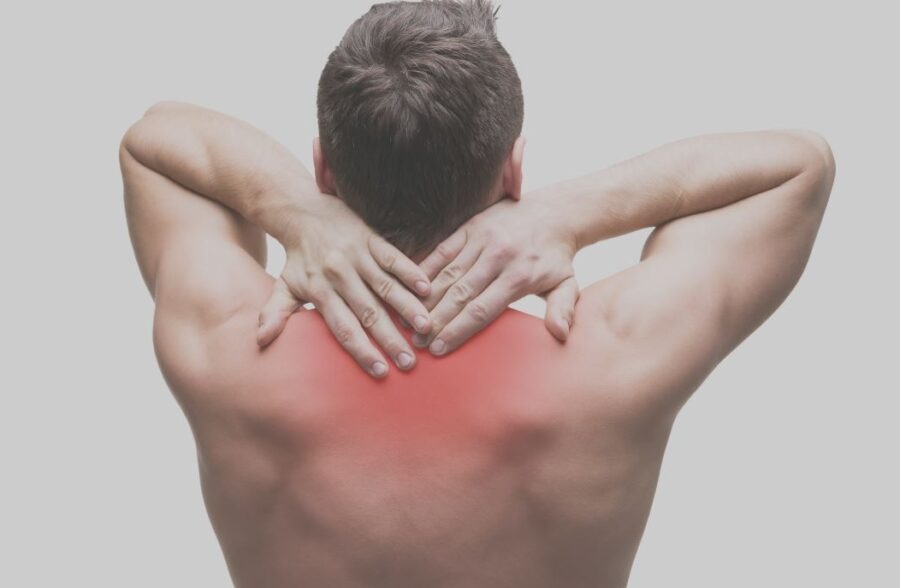 50980583 - pain in the neck. man with backache. muscular male body. isolated on white background with red dot